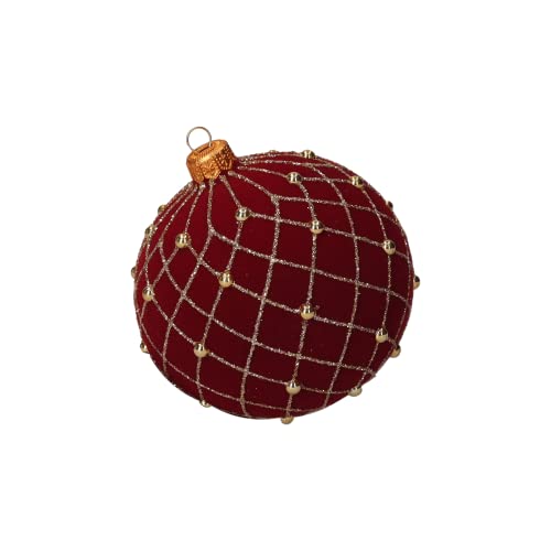 Keyhomestore - 4er Set Weihnachtsbaumkugeln aus Glas, mit rotem Samt und Glitzer überzogen - Weihnachtsbaumschmuck für den Innenbereich, Durchmesser 10 cm. von Keyhomestore