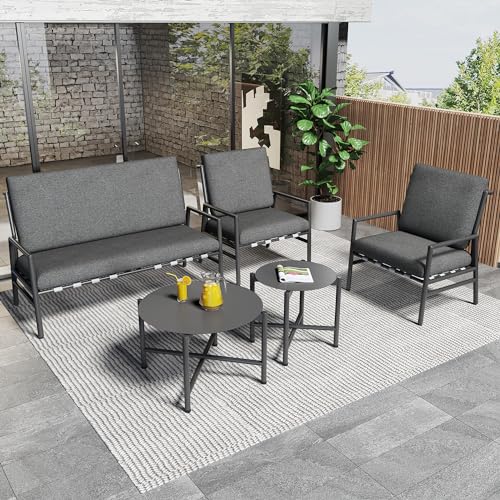 Gartenmöbel Sitzgruppe 4-teilige für 4 Personen, Lounge Essgruppe mit 2 Couchtisch, Sofa & Kissen, Möbel Outdoor mit Tisch & Stühle für Garten, Gartenmöbel-Set Gartenlounge für Balkon, Grau von KEYIDE