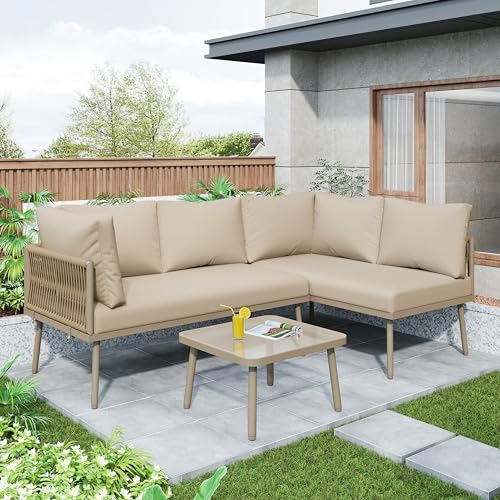 KEYIDE Gartenmöbel Sitzgruppe 3-teilige für 4 Personen, Lounge Essgruppe mit Tisch & Stühle für Garten, Balkonmöbel Outdoor mit Tisch und 2 Sofa, Gartenmöbel-Set Gartenlounge für Balkon von KEYIDE