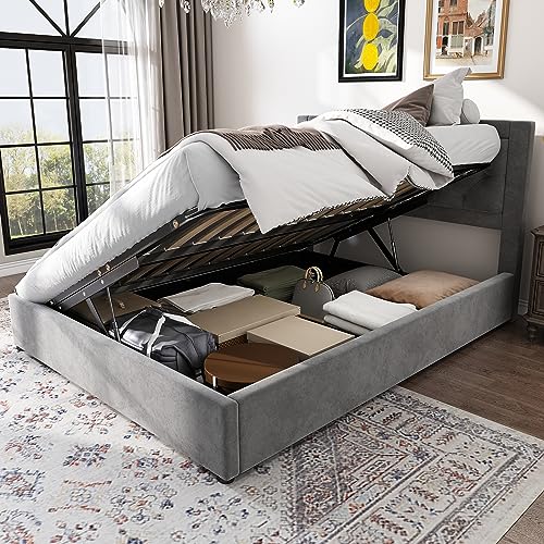 KEYIDE Boxspringbett 140x200 cm, Polsterbett mit hydraulisches Bettkasten, Doppelbett mit Stauraum und Kopfteil, Stauraumbett Jugendbett Rückenlehne Bettgestell, Grau, Ohne Matratze von KEYIDE