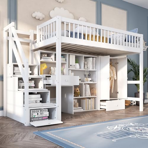 KEYIDE Hochbett 90x200 cm mit Kleiderschrank und Schreibtisch, Multifunktionales Kinderbett mit Stauraumtreppe und Ablagefächern, Massivholz+MDF, Weiß, ohne Matratze von KEYIDE