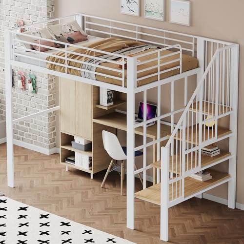 KEYIDE Hochbett Metall 140 x 200 cm, Kinderbett Eisenbett mit Stauraumtreppe und Rausfallschutz, Metallbett Jugendbett Multifunktionales Bettgestell mit Lattenrost, ohne Matratze (Weiß, 140 x 200) von KEYIDE