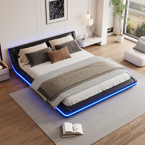 KEYIDE LED Polsterbett 140x200 cm, Flachbett Bodenbett Doppelbett Bettgestell mit Lattenrost aus Holz, Jugendbett Rückenlehne Bett, PU Kunstleder, Ohne Matratze (Schwarz, 140x200 cm) von KEYIDE