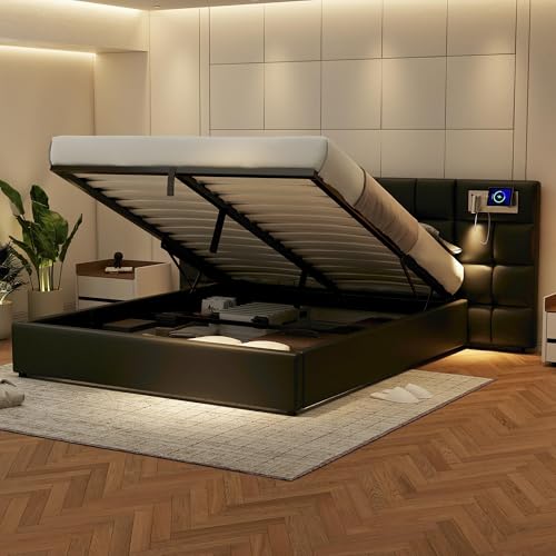 KEYIDE Polsterbett 180 x 200 cm, Doppelbett mit Hydraulisches Bettkasten, Extrabreiter Kopfteil mit Leselicht, USB und KabellosesLaden, Stauraumbett Jugendbett Bettgestell, Ohne Matratze (Schwarz) von KEYIDE