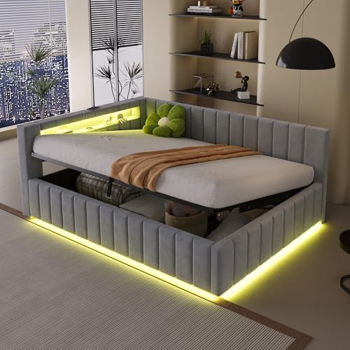 KEYIDE Polsterbett Schlafsofa 140x200, Mit hydraulischem Stauraum, Mit LED-Licht und USB-Ladeanschluss, Mit Rückenlehne, Kopfteil und Stabilem Bettrahmen, Samtstoff, ohne Matratze von KEYIDE