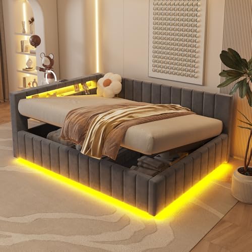 KEYIDE Polsterbett Schlafsofa 140x200, Mit hydraulischem Stauraum, Mit LED-Licht und USB-Ladeanschluss, Mit Rückenlehne, Kopfteil und Stabilem Bettrahmen, Samtstoff, ohne Matratze von KEYIDE