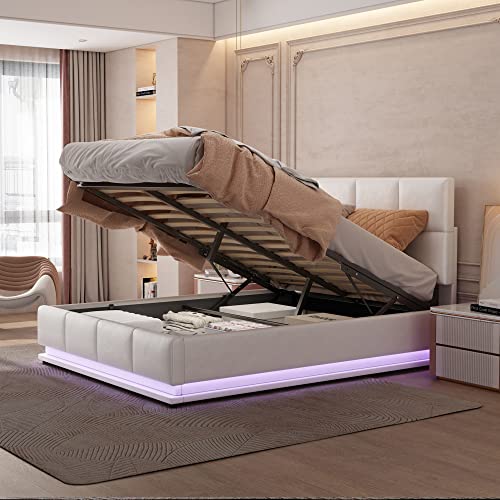 KEYIDE Polsterbett Stauraumbett Hydraulisches Bettgestell Doppelbett 140x200cm, Bett mit LED Beleuchtung, Bettkasten Stauraum unter dem Bett, Lattenrost Kopfteil, PU, Ohne Matratze (Weiß, 140 x 200) von KEYIDE