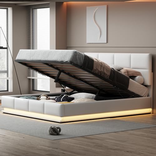KEYIDE Polsterbett Stauraumbett Hydraulisches Bettgestell Doppelbett 180x200cm, Bett mit LED Beleuchtung, Bettkasten Stauraum unter dem Bett, Lattenrost Kopfteil, PU, Ohne Matratze (Weiß, 180 x 200) von KEYIDE