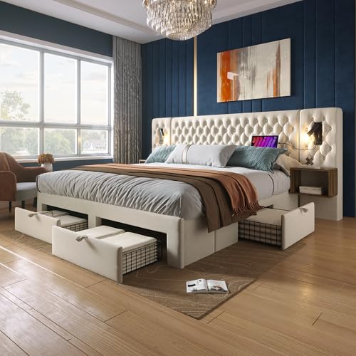 Polsterbett 180x200cm, Doppelbett mit 4 Stauraum Schubladen und Nachttisch, Bett mit Lattenrost, Leselicht mit USB Ladefunktion Kopfteil, Stauraumbett Jugendbett Bettgestell (Beige 1, 180×200 cm) von KEYIDE