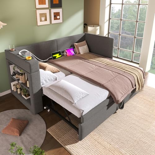 Polsterbett Schlafsofa 90/180x200 cm, Daybett Tagesbett Sofabett mit Ausziehbett, Bettgestell mit USB-C-Ladeanschluss und Getränkehalter, Stauraumbett mit Lattenrost, ohne Matratze (Grau, 90x200 cm) von KEYIDE