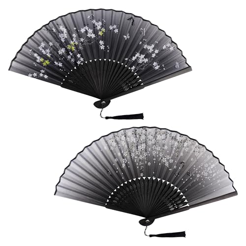 2 Stück Fächer Handfächer Bambus Schwarz Fecher Seide Stoff Chinesische Japanische Hand Fan mit Quaste für Damen Hochzeit Gäste Kinder Mädchen Sommer von KEYIDO