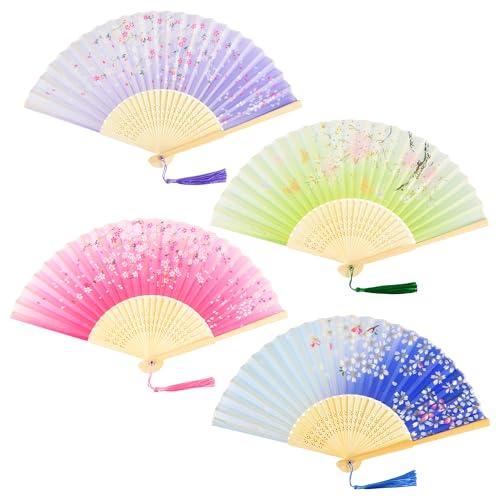 AWCIGG 4 Stück Fächer Handfächer Holz Seide Stoff Faltfächer Chinesische Stil mit Quaste Fächer Groß Klein für Hochzeit Gäste Kinder Damen Mädchen Sommer Folding Hand Fan Asiatische Deko von AWCIGG