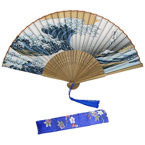 AWCIGG Japanische Fächer Kanagawa Sea Welle Handfächer Klein in Handtasche Holz Stoff Stabi Fächer Mit Quaste und Beutel Fächer für Damen Hochzeit Sommer Kinder Mädchen Männer von KEYIDO