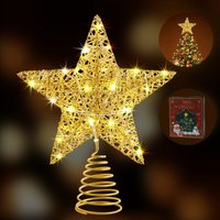 Keyoung - Gold Weihnachtsbaumspitzen Stern, 25cm Glitzer-Baumspitzen aus Golddraht mit Timer, Stromversorgung über Batterie oder usb, 20 LED-Lichter, von KEYOUNG