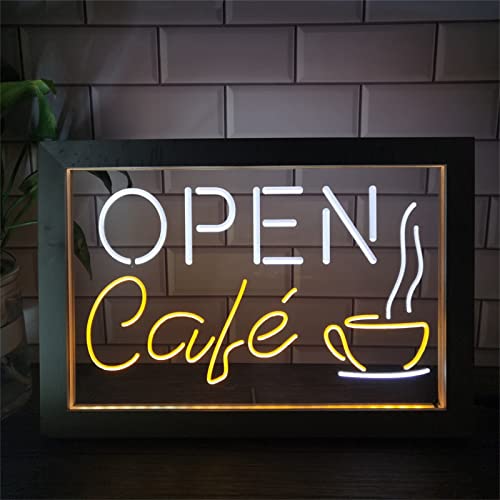Cafe LED-Neonschild, Kaffee-Logo-Nachtlichter USB-Acryl-Neonlichter, Tischlampe, leuchtendes Schild zum Aufhängen an der Wand, 42x32cm,White yellow von KEYQEEN