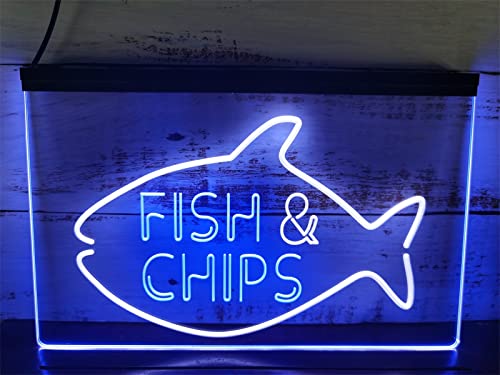 KEYQEEN Fish & Chips LED-Neonschild, Fast-Food-Shop, zweifarbige Display-Wanddekoration, USB-dimmbare Neonlichter, leuchtendes Schild,White Blue,30x20cm von KEYQEEN