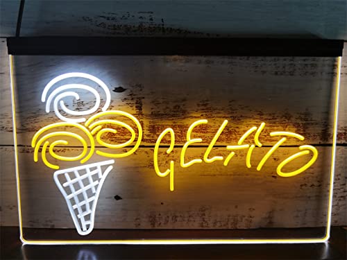 KEYQEEN Gelato LED-Neonschild, Eisdiele, zweifarbige Display-Wanddekoration, USB-dimmbare Neonlichter, leuchtendes Schild,White Yellow,40x30cm von KEYQEEN