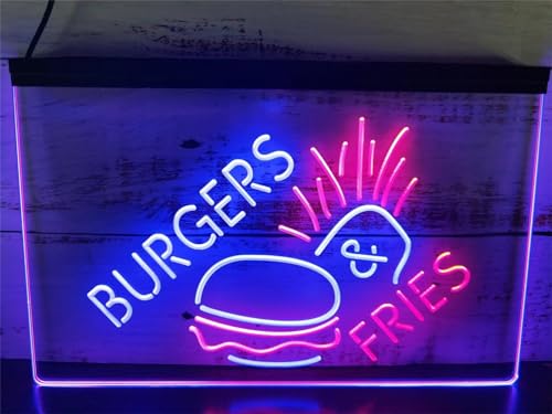 KEYQEEN LED-Leuchtreklame „Burger Fries Fast-Food-Laden offen, USB-betriebene zweifarbige Neonlichter für Restaurant-Wanddekoration, leuchtendes Schild,Blue red,30x20cm von KEYQEEN
