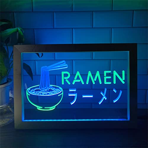 KEYQEEN Ramen LED Neonschild, Nudelladen USB Holz Fotorahmen Tischlampe 3D Neonlichter Schreibtisch Nachtlichter,Green Blue,42x32cm von KEYQEEN