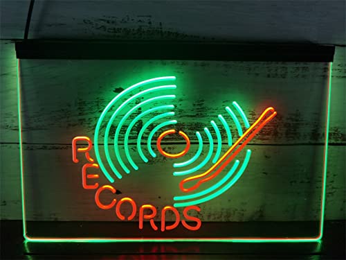 KEYQEEN Records LED-Neonschild, Plattenspieler-DJ-Bar, zweifarbiges Display, Wanddekoration, USB-dimmbare Neonlichter, leuchtendes Schild,Green red,30x20cm von KEYQEEN