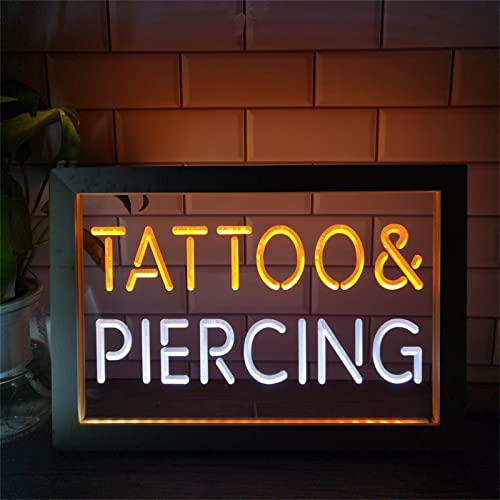 KEYQEEN Tattoo Piercing LED Neonschild, Tattoo Shop USB Holz Fotorahmen Tischlampe Neonlichter Schreibtisch Nachtlichter,White orange,42x32cm von KEYQEEN