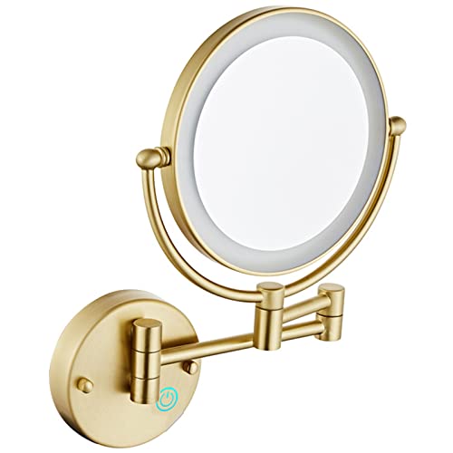 KEYQEEN Touch-dimmbarer LED-Kosmetikspiegel mit Beleuchtung und Vergrößerung, doppelseitiger festverdrahteter, an der Wand montierter, ausziehbarer Kosmetikspiegel für das Badezimmer,Brushed Gold,5X von KEYQEEN