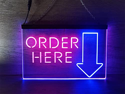 KEYQEEN Order Here LED-Neonschild, Kassierer-Ladenanzeige, Neonlichter mit zweifarbigem Display, Wanddekoration, USB-dimmbare Nachtlichter,Blue red,40x30cm von KEYQEEN