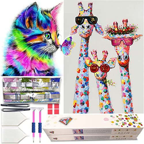 KEYRANKE 2 Stück Diamond Painting Kinder Set mädchen Erwachsene Tiere diy 5d Diamant Malerei Painting Bilder für Weihnachtsges-chenk, Mit Einer Upgrade-Geschenkbox als Geschenk (Katze/Giraffe) von KEYRANKE