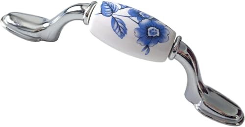 Vintage Möbelgriff, Schubladengriffe im Vintage, Floraler Schrankgriff, Blüten-weiß, Kommode zieht, poliertes Chrom, Schubladenknopf, Keramik-Schrankgriff, Porzellan-Kommode(Blue,L: 1.5" (40 mm)) von KEuLen