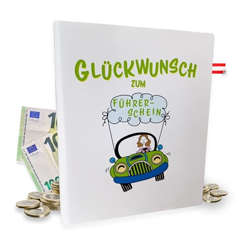 Sparbüchse - Geldgeschenk zum Führerschein - Autoliebhaber Geld Geschenk - handbemalte Sparbüchse - aus Österreich (Glückwunsch zum Führerschein Grün) von KF-Holz