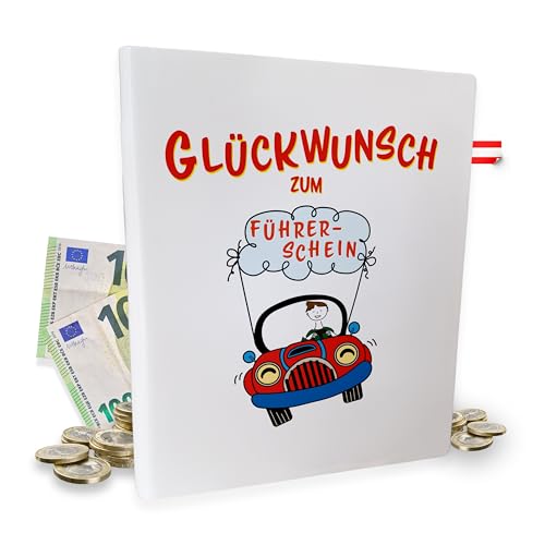 Sparbüchse - Geldgeschenk zum Führerschein - Autoliebhaber Geld Geschenk - handbemalte Sparbüchse - aus Österreich (Glückwunsch zum Führerschein Rot) von KF-Holz