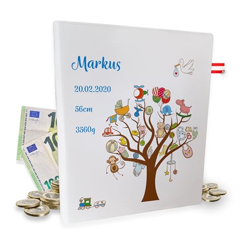 Spardose personalisiert Geburt Junge - Geldgeschenk zur Geburt - Sparbuch für Baby - Geld Geschenk werdende Mutter Vater - personalisierbare Sparbüchse - aus Österreich von KF-Holz