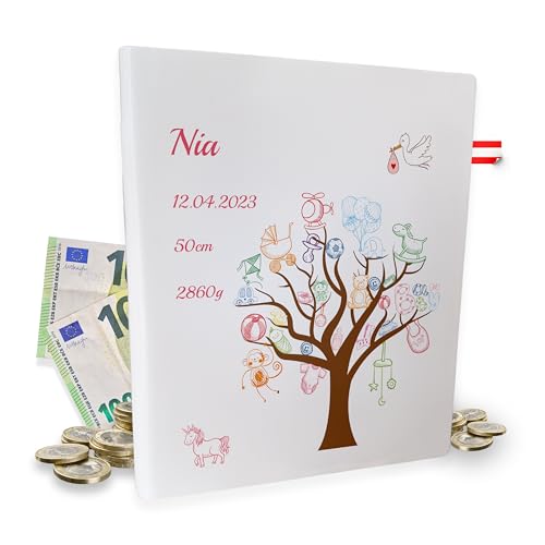 Spardose personalisiert Geburt Mädchen - Geldgeschenk zur Geburt - Sparbuch für Baby - Geld Geschenk werdende Mutter Vater - personalisierbare Sparbüchse - aus Österreich (Rosa) von KF-Holz