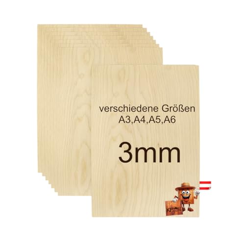 Sperrholzplatten Birke - A4 | 297 x 210 x 3 (+-0,5) mm - hochwertige Multiplex Platte - Holz zum Basteln - Holzplatten für Bastelarbeiten - Holzzuschnitte - 10 Stück von KF-Holz