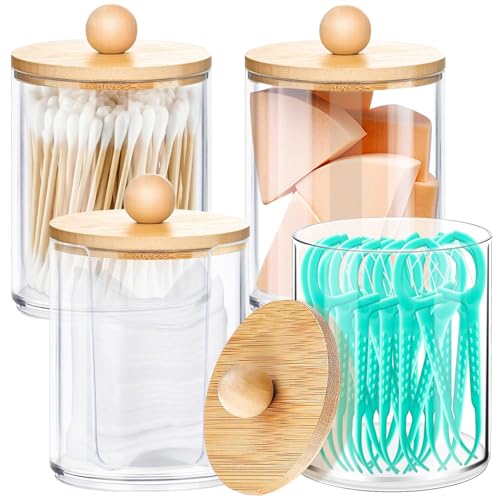 KFDDRN 4 Stuck Acryl Wattestäbchen Behälter | Qtip Behälter | Wattepads Behälter Box | Wattepads Aufbewahrung mit Bambus Deckeln | für Wohnzimmer, Schlafzimmer, Badezimmer von KFDDRN
