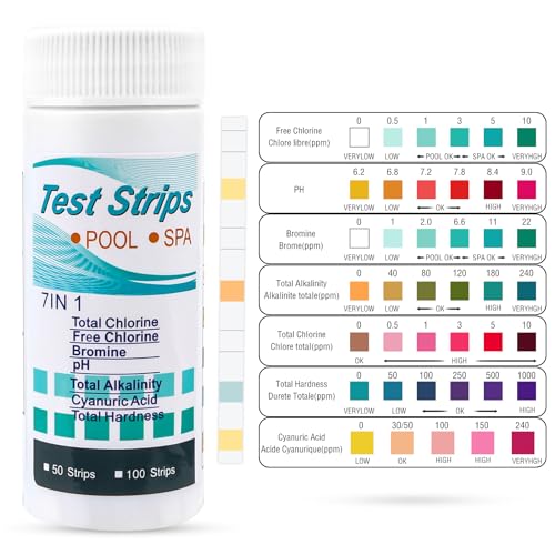 7 in 1 Pool Teststreifen,100-Streifen-Pool-Test-Streifen für oberirdischen Pool, Pool-Test-Kit Genaue Prüfung Chlor, Härte, Brom, Alkalinität, Cyanursäure-pH von KFDDRN