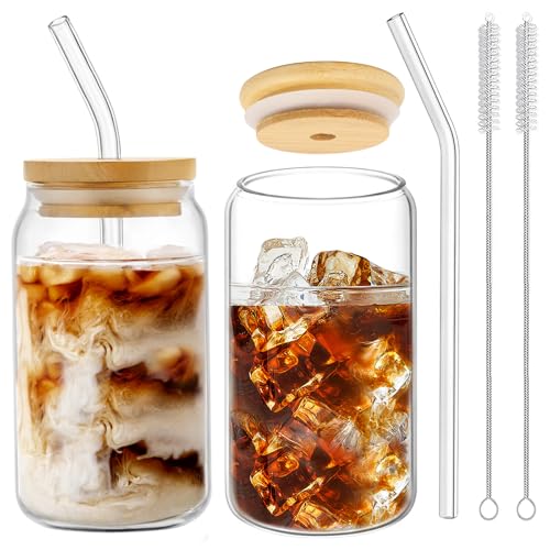 Glasbecher mit Deckel und Strohhalm, 2 Stuck Biergläser Glas-Kaffeebecher, 400ml Wiederverwendbare Eiskaffeebecher, Trinkgläser Set, Kaffeetassen Glasbecher mit Strohhalm und Deckel für Geschenke von KFDDRN
