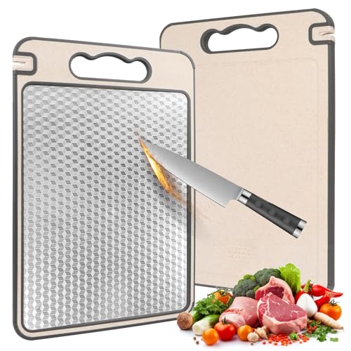 Schneidebrett aus Edelstahl, Doppelseitiges Schneidebrett für die Küche, Kratzfest mit Mesh-Design, Edelstahl Schneidebrett und Weizenstroh Schneidebrett mit Saft Troughe, Spülmaschinenfest von KFDDRN