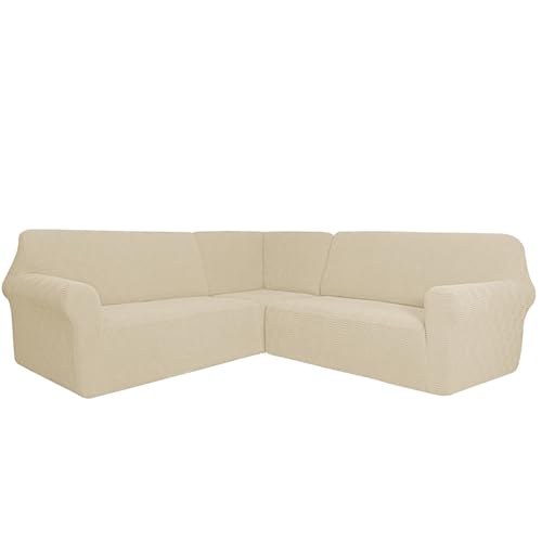 KFDZSW Ecksofa überzug, Sofabezug L Form 3-teilig Stretch Anti-rutsch Waschbar Sofa Überzug, Relaxsessel Ecksofahusse Für Sektionalsofa Möbelschutz (Beige,5-Sitzer) von KFDZSW
