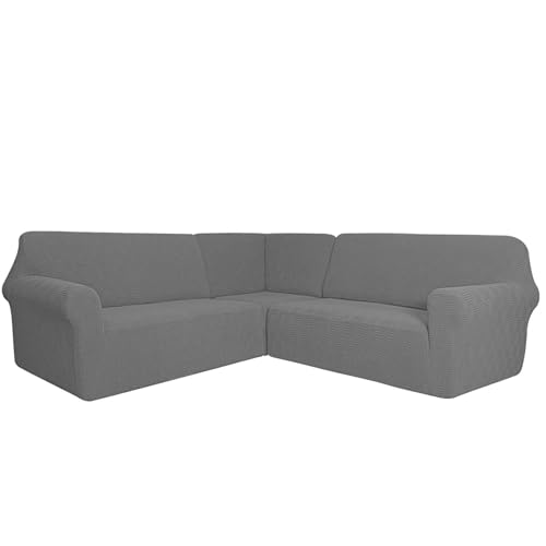 KFDZSW Ecksofa überzug, Sofabezug L Form 3-teilig Stretch Anti-rutsch Waschbar Sofa Überzug, Relaxsessel Ecksofahusse Für Sektionalsofa Möbelschutz (Hellgrau,7-Sitzer) von KFDZSW