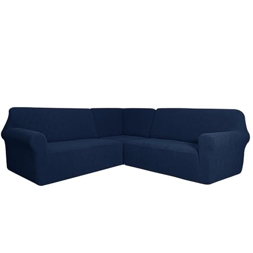 KFDZSW Ecksofa überzug, Sofabezug L Form 3-teilig Stretch Anti-rutsch Waschbar Sofa Überzug, Relaxsessel Ecksofahusse Für Sektionalsofa Möbelschutz (Navy Blau,7-Sitzer) von KFDZSW