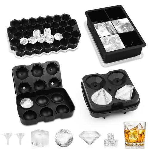 Eiswürfelbehälter mit Deckel Eiswürfelform Silikon 4 Stück Eiswürfel Kugel Eiswürfel Form Ice Cube Tray für Bier Cocktails Whisky (Schwarz) von KFETFE