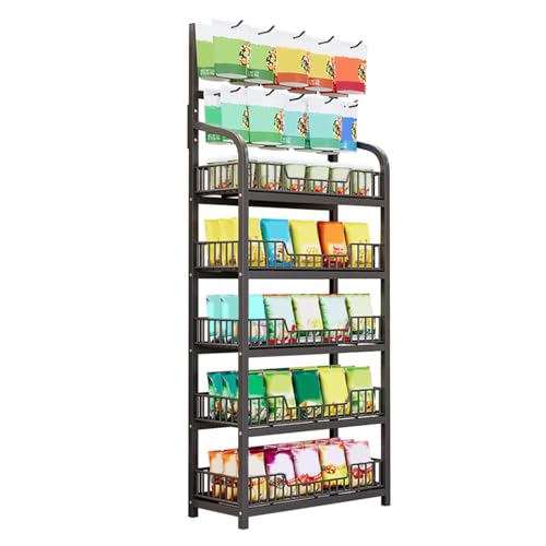 KFGISD, 5-stöckiges Snack-Präsentationsregal for den Einzelhandel, Snack-Ständer aus Metall mit Rädern und 10 Haken, Regale zur Präsentation von Snacks und Früchten, Snack-Organizer-Wagen ，Supermarkt- von KFGISD