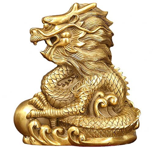 KFGISD, Chinesischer Tierkreis Drache Fengshui Handgefertigte Drachenstatue aus Messing Golden for Tischplatte/Schreibtisch/Bücherregal/Aquarium, Klein,Chinesisches Tierkreiszeichen Statue(M) von KFGISD