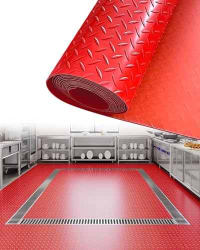 KFGISD, Großer Garagenteppich aus Gummi unter dem Auto, verdickte, rutschfeste Anhängerbodenmatte mit Diamantplatte,Gummibodenmatten für Garagen(Red,1.6x3.5m/5.2x11.5ft) von KFGISD