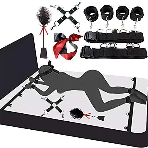 BDSM set mit 9 Stück,SM Bett Sets,Straußenfeder Peitsche und Satin Augenmaske,Handschellen Fußfesseln,Kreuzschnalle, Fetisch Fesseln Sexspielzeug extrem Fessel-Set zur Befestigung am Bett für Paare von KFMJF