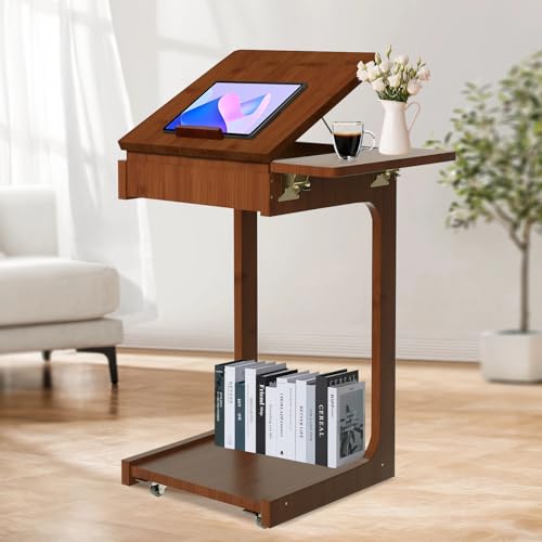 KFURNIKN C-förmiger Beistelltisch, Couchtisch, rollbarer Beistelltisch mit verstellbarem Schreibtisch, C-Beistelltisch aus Holz mit 2 feststellbaren Rädern von KFURNIKN