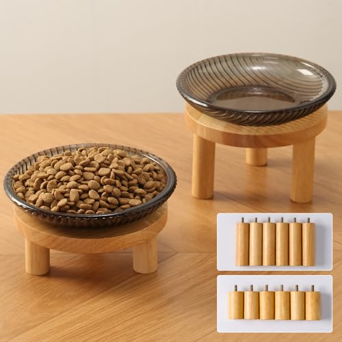 Katzennäpfe mit Holzständern Erhöhter Glasschnurrhaar, Müdigkeit, Katzennapf für Indoor-Katzen, 2 Stück (schwarz) von KGCCIZI