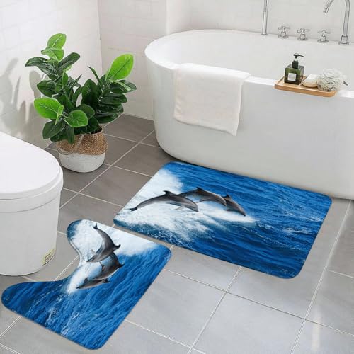 KGDHY Badezimmermatten-Sets 2-Teilig,Baby-Meerestier Delphin springt aus dem Meer,Bad und WC-Vorleger-Set,rutschfeste Badezimmerteppiche wasserabsorbierende von KGDHY