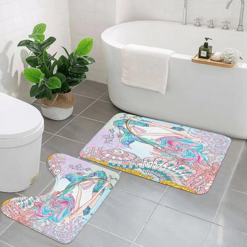 KGDHY Badezimmermatten-Sets 2-Teilig,Briefmarken mit dem Bild von Meerjungfrauen, Fischen,Bad und WC-Vorleger-Set,rutschfeste Badezimmerteppiche wasserabsorbierende von KGDHY
